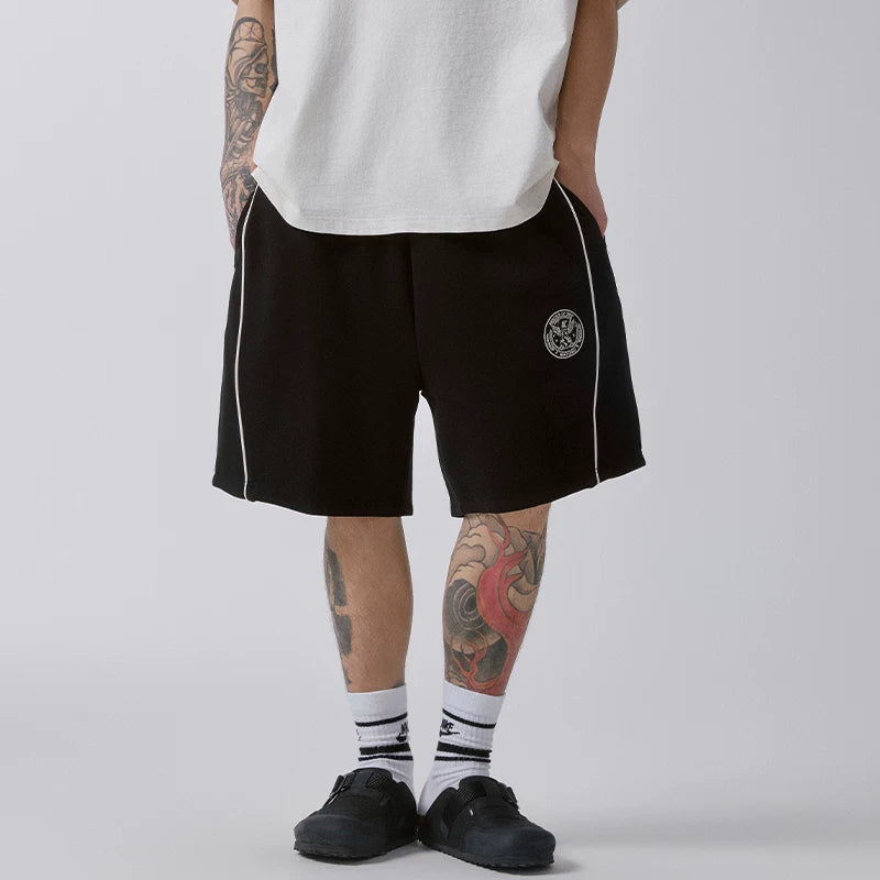 F2CE American style retro college emblem sports shorts black pure cotton side striped loose casual pants
