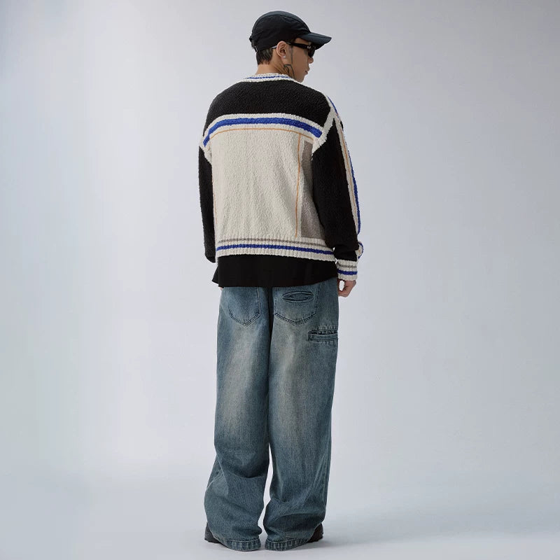 F2CE American street wash, vintage and fake, two pieces of double waist stacked jeans, men's loose straight leg wide leg casual pants