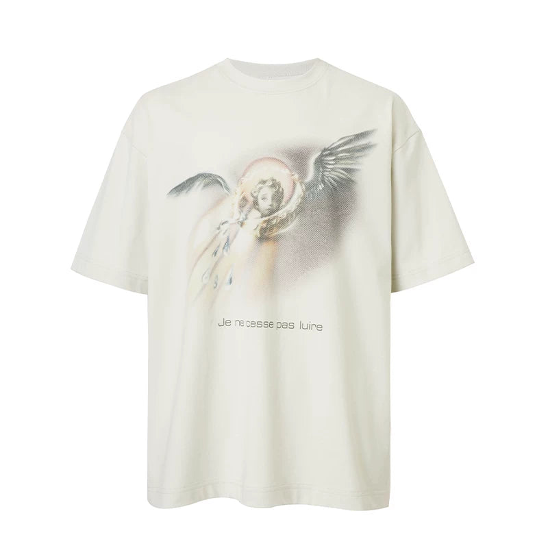 F2CE Angel Noise Printed Vintage Round Neck Short Sleeve Loose Trendy High Street Casual T-shirt for Men and Women