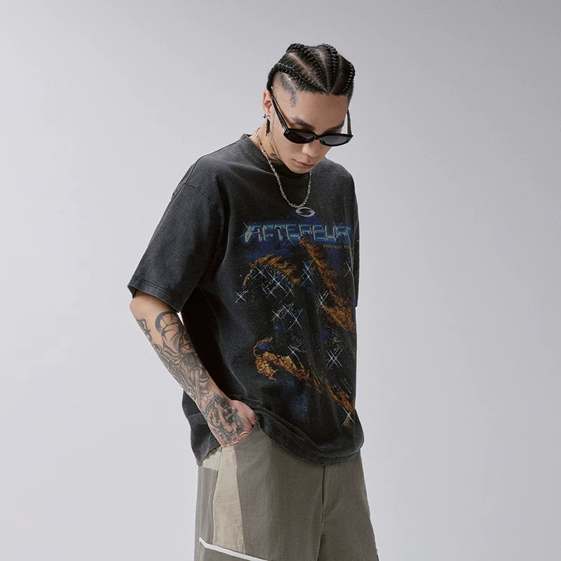 F2CE Heavy duty Washed Used T-shirt American Trendy Retro High Street Printed Couple Summer Loose Casual Short Sleeve