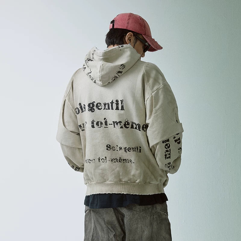 F2CE double-layer heavy-duty deconstruction, old destruction, mud dye printing slogan, loose hooded wide sweatshirt for men and women