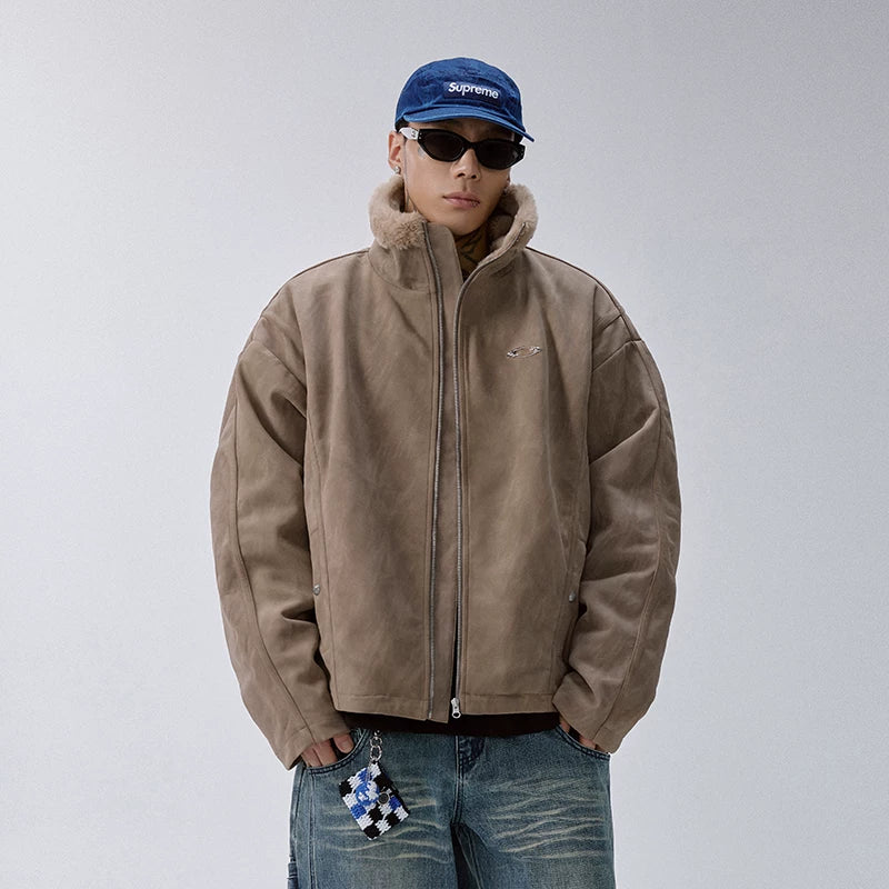F2CE Trendy Mountain Carving with Velvet Thickened Warm and Cold Resistant Coat for Men, Heavy Weight Old Suede Leather Jacket, Wool Collar Cotton Jacket
