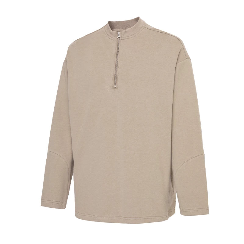 F2CE heavyweight basic solid color small stand up collar zipper long sleeved base T cotton American retro casual men's top autumn