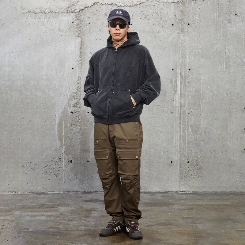 F2CE functional three-dimensional pocket workwear casual pants for winter, loose fitting with studs, men's American trend, Vibe style high street pants