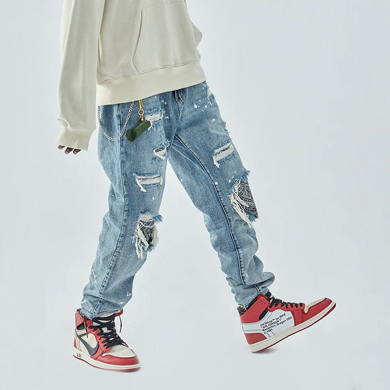 F2CE ripped pants washed with water to make old, cashew flower patch fabric replaced, loose men's spring and autumn straight leg trendy brand jeans