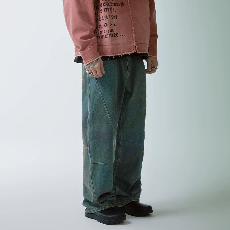 F2CE heavy-duty handmade gradient dyed washed vintage loose straight leg wide leg high street denim casual pants