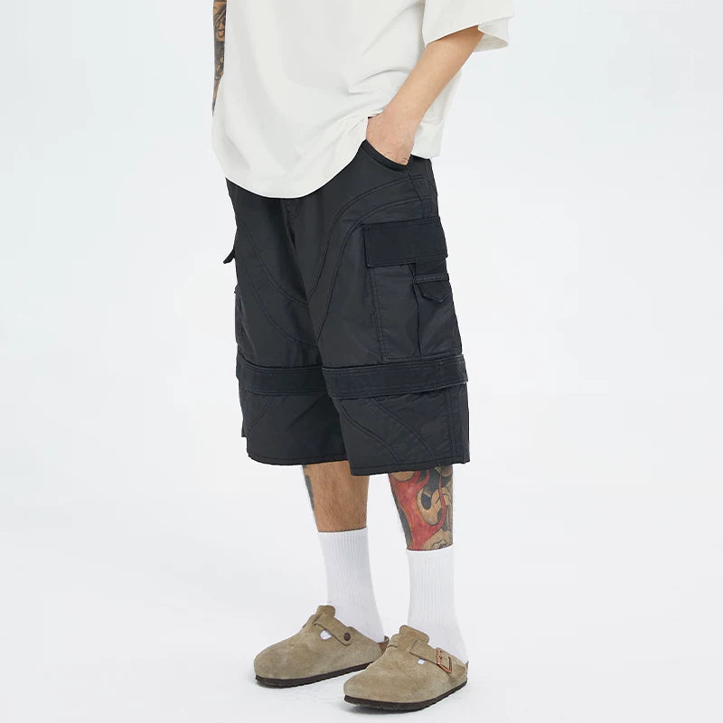 F2CE wax coated workwear knee length shorts, dark and loose silhouette high street Vibe versatile multi pocket cropped pants