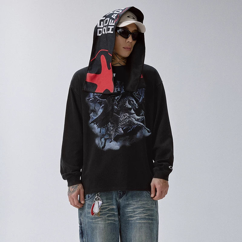 F2CE American washed vintage dark print loose heavyweight long sleeved T-shirt trendy men's and women's round neck base shirt