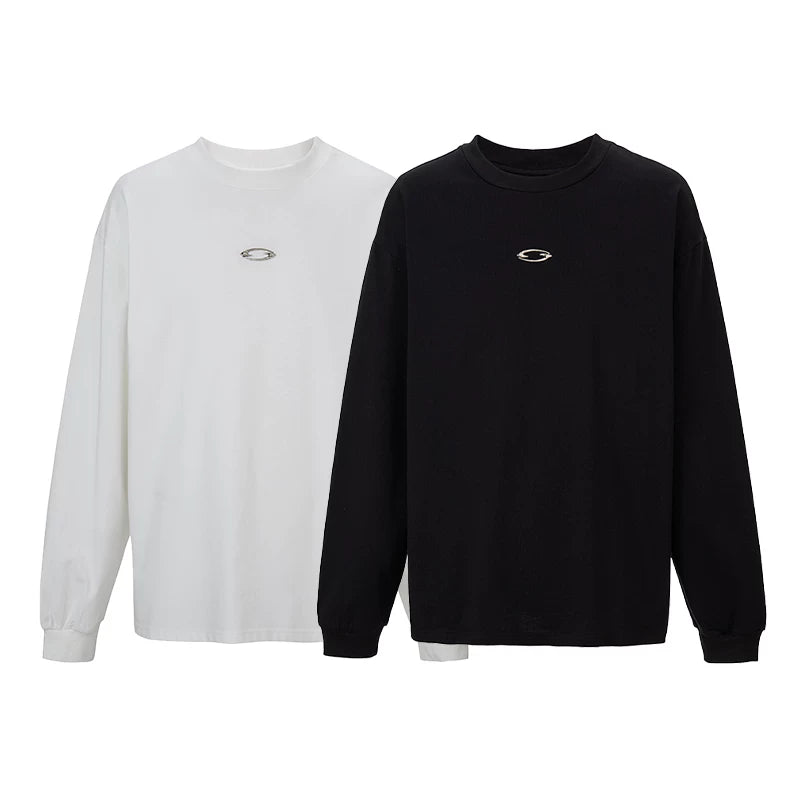 F2CE American style trendy metal logo loose heavyweight long sleeved T-shirt men's and women's round neck versatile top base shirt