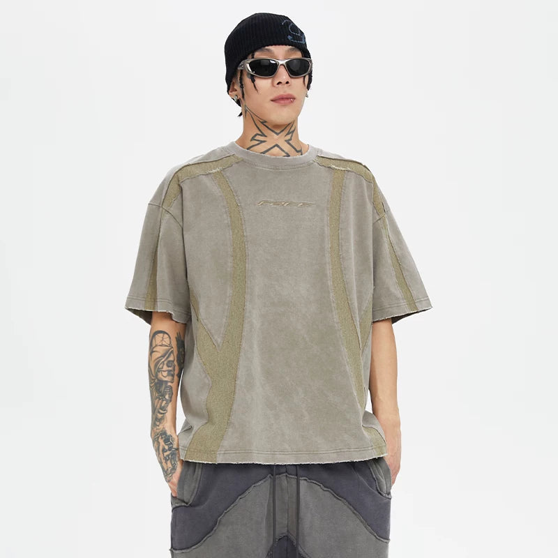 FCE waste soil wind old function burr destruction short sleeved deconstruction splicing color collision trendy high street loose men's and women's T-shirts