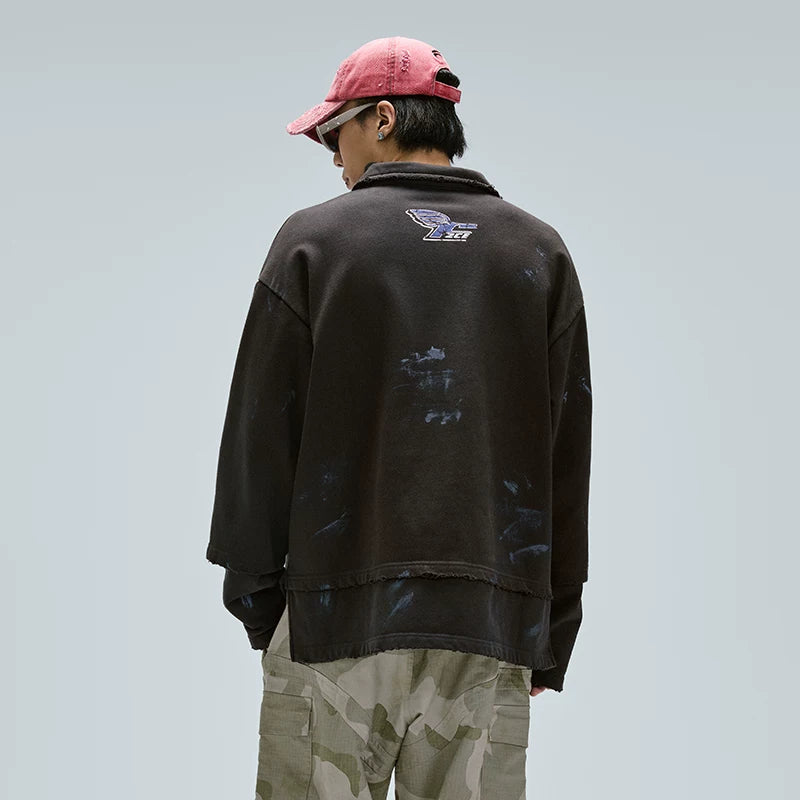 F2CE heavyweight polo shirt, American fake, two pieces worn out, stacked, racing style printed, hand-painted loose casual sweatshirt