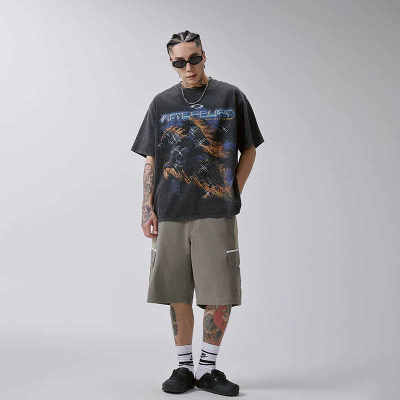 F2CE Heavy duty Washed Used T-shirt American Trendy Retro High Street Printed Couple Summer Loose Casual Short Sleeve