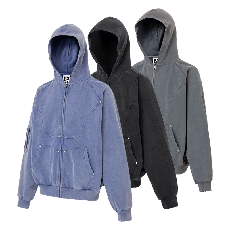 F2CE vintage solid color functional hooded cardigan sweatshirt with worn out studs, loose deconstruction zipper, casual jacket trendy