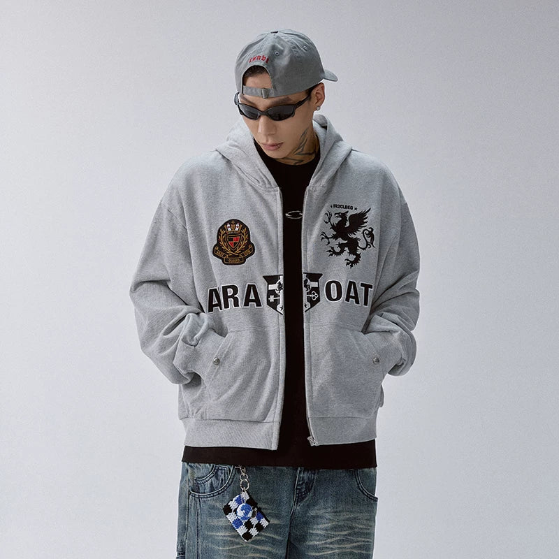 F2CE trendy loose hooded cardigan embroidered gray hoodie men's top autumn/winter casual hoodie zipper jacket