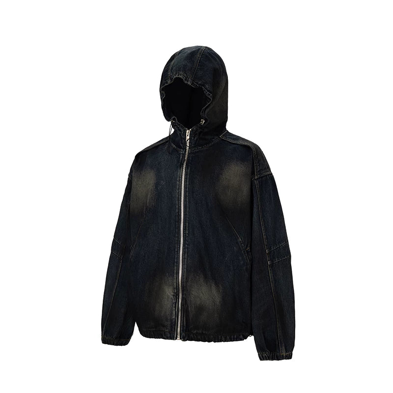 F2CE heavy-duty vintage washed denim jacket deconstruction splicing mud dyed hooded loose casual autumn and winter jacket cardigan