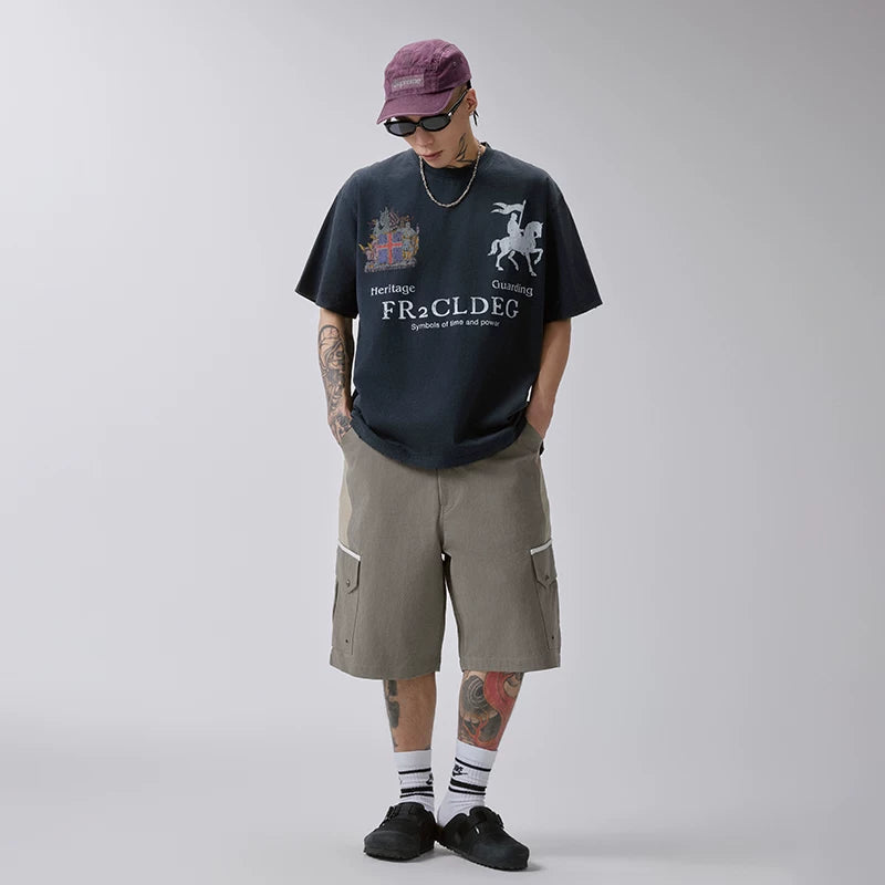F2CE Heavy American Retro Trendy Badge Printed Wear Out T-shirt Summer Men's Loose Casual Couple Short Sleeve Half Sleeve