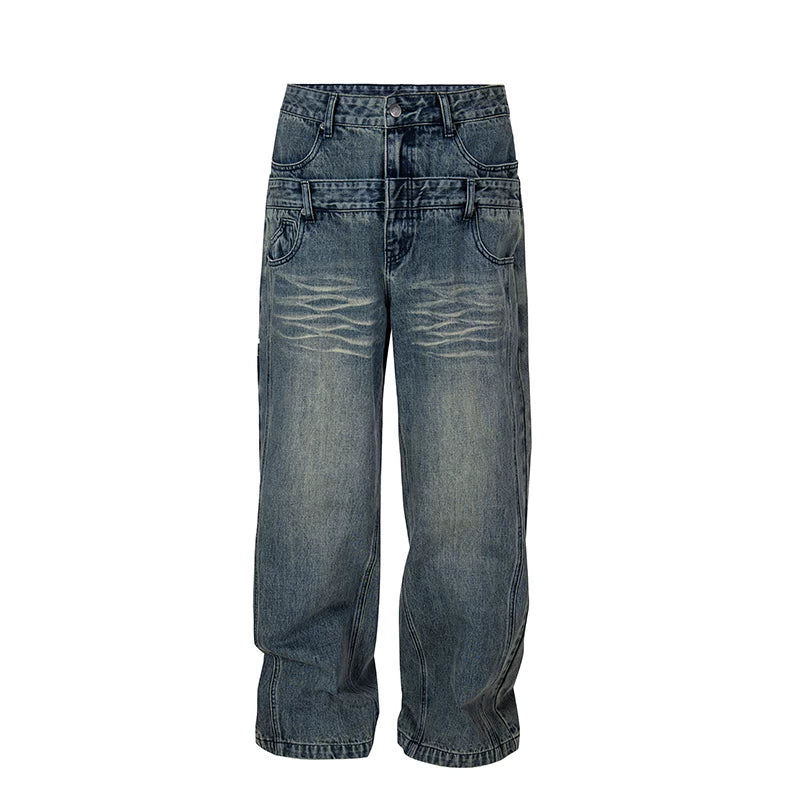 F2CE American street wash, vintage and fake, two pieces of double waist stacked jeans, men's loose straight leg wide leg casual pants