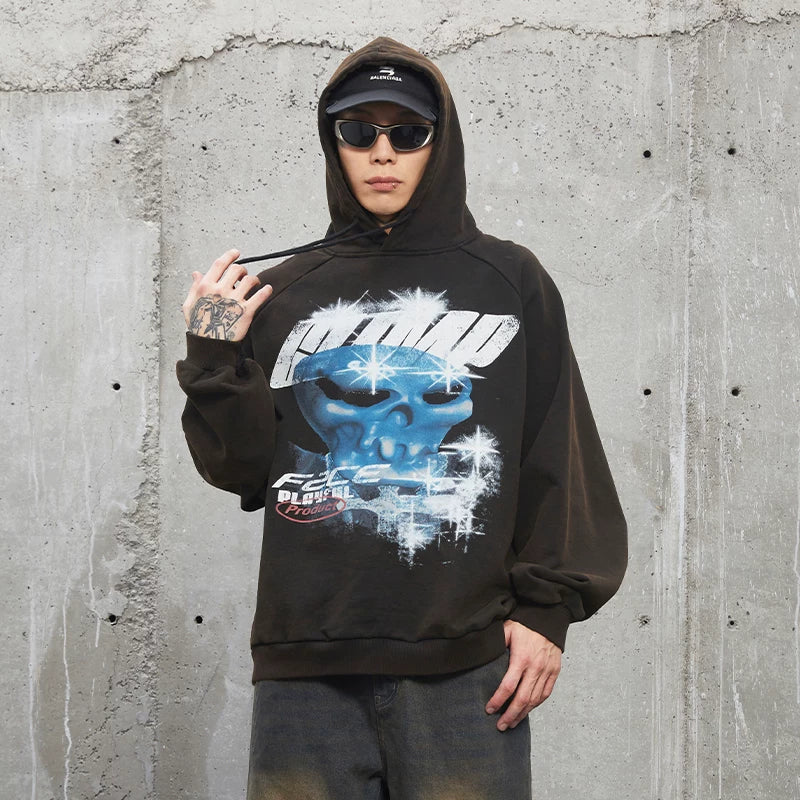 F2CE Autumn/Winter Vintage Graffiti Printed Hoodie American Trendy High Street Vibe Hoodie Couple Hoodie