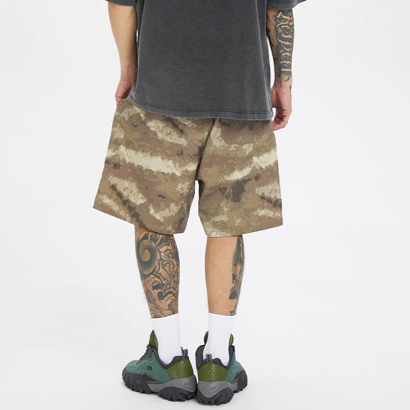 F2CE American retro camouflage shorts, men's high street multi pocket straight leg workwear pants, trendy loose and versatile capris