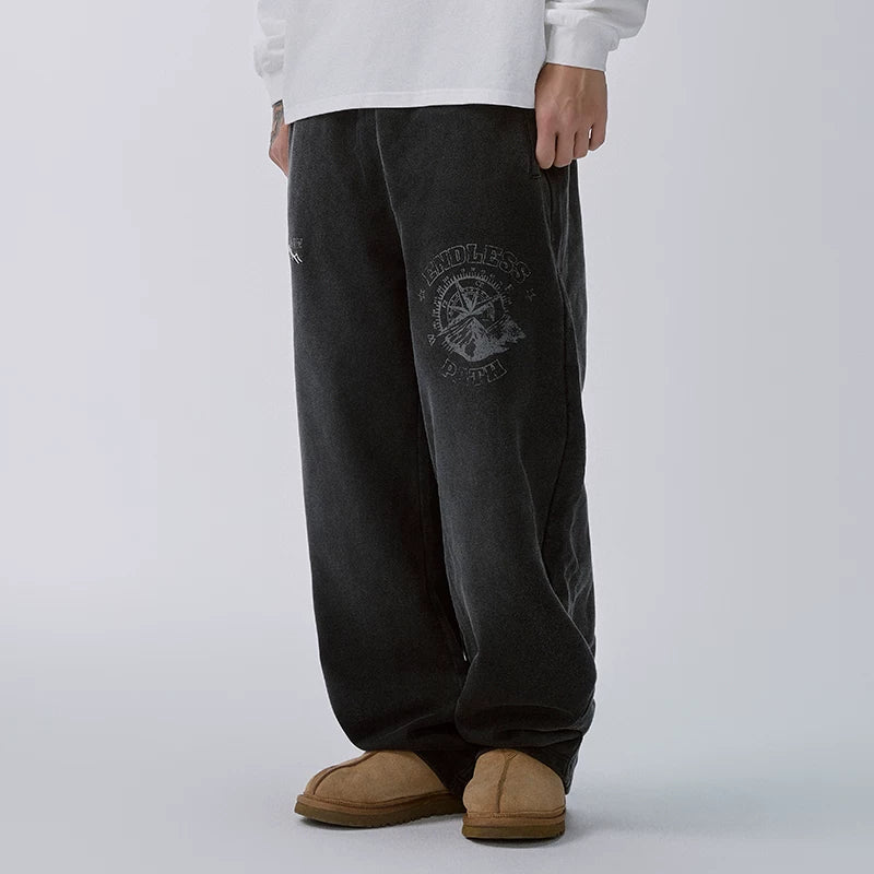 F2CE heavy-duty washed water distressed printed sweatpants for men, loose straight leg wide style trendy casual pants