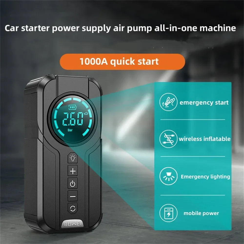 4-in-1 Car Jump Starter with Air Compressor, Power Bank & LED Flashlight – 1000A Peak Booster