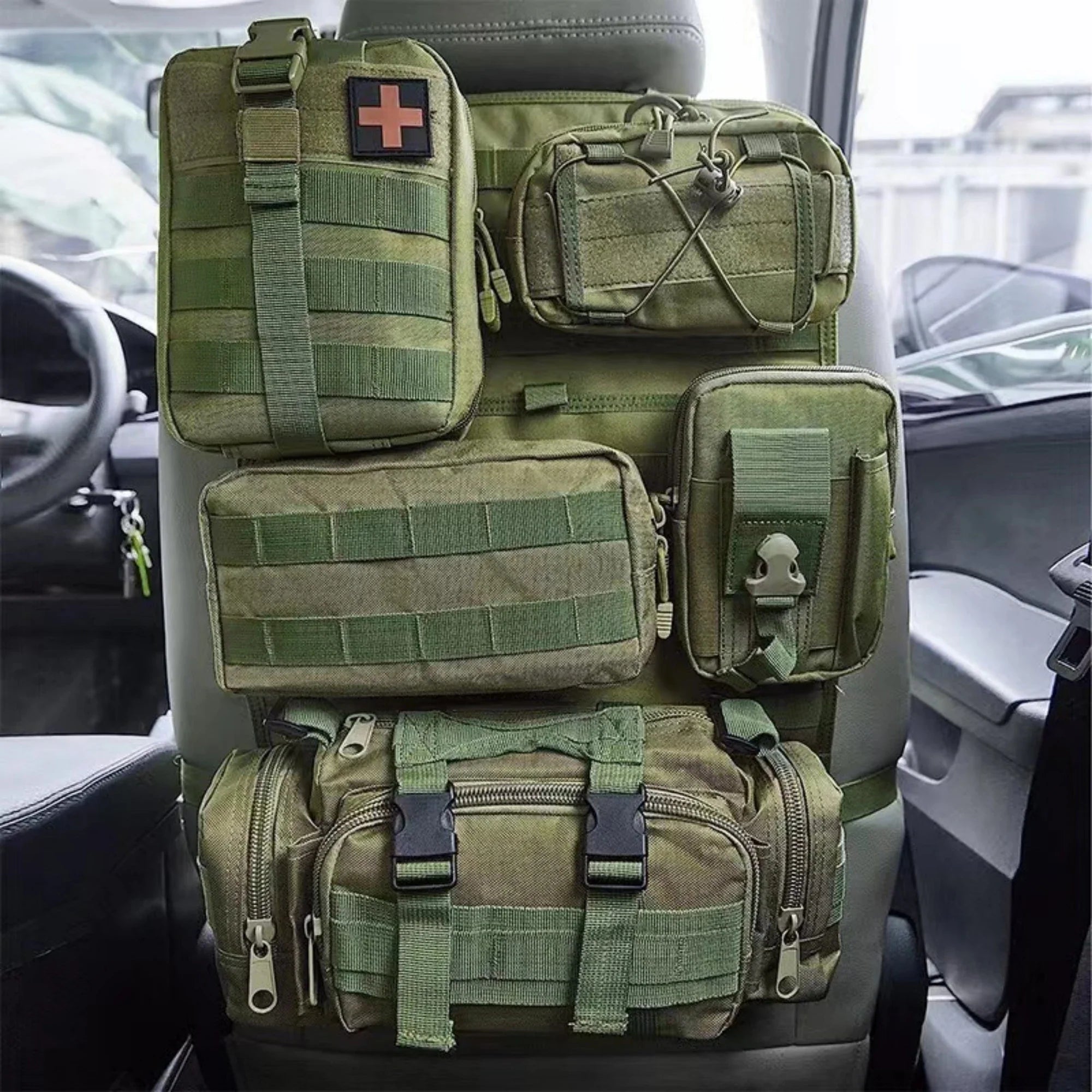 Tactical Back Seat Molle Organizer with 5 Detachable Molle Pouches