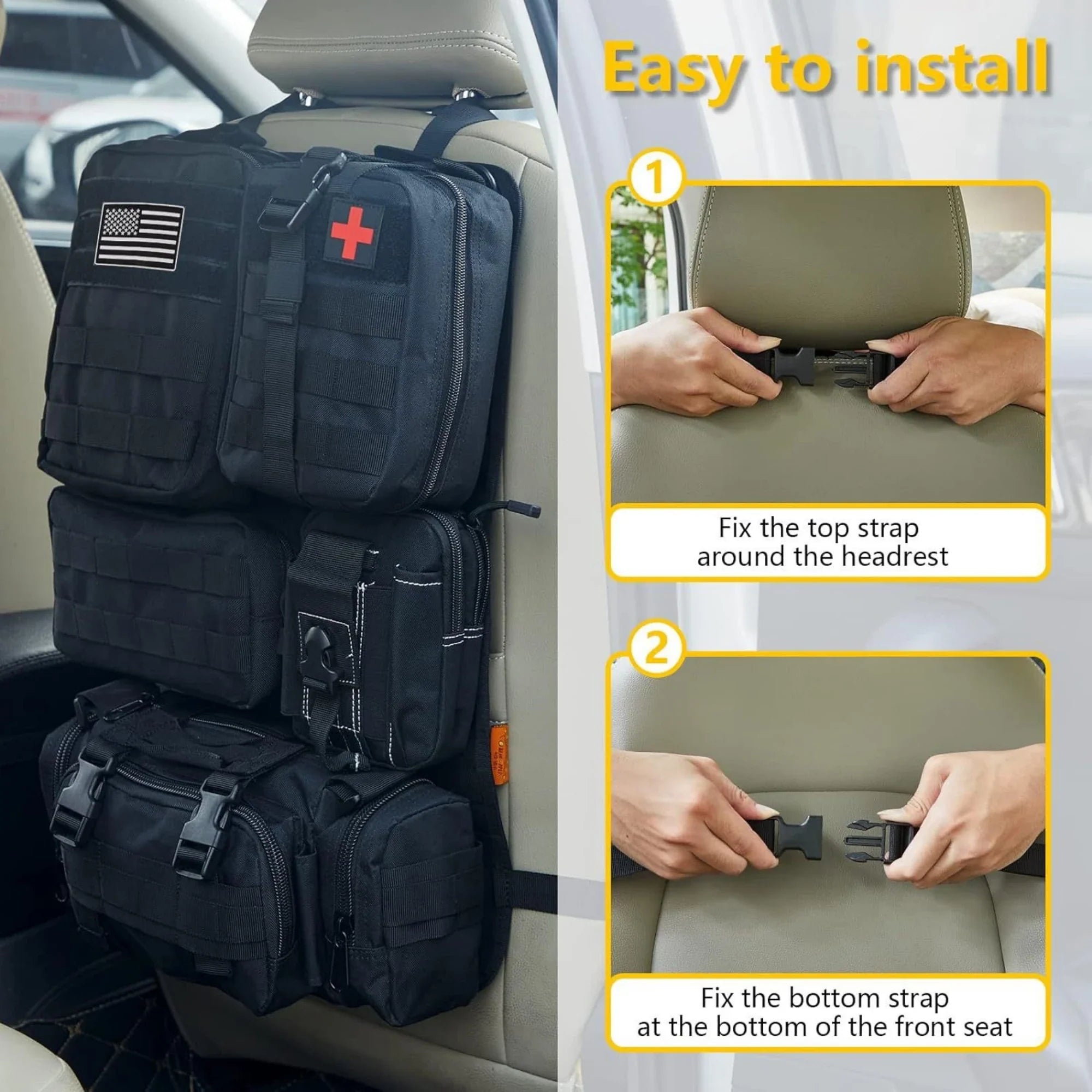 Tactical Back Seat Molle Organizer with 5 Detachable Molle Pouches
