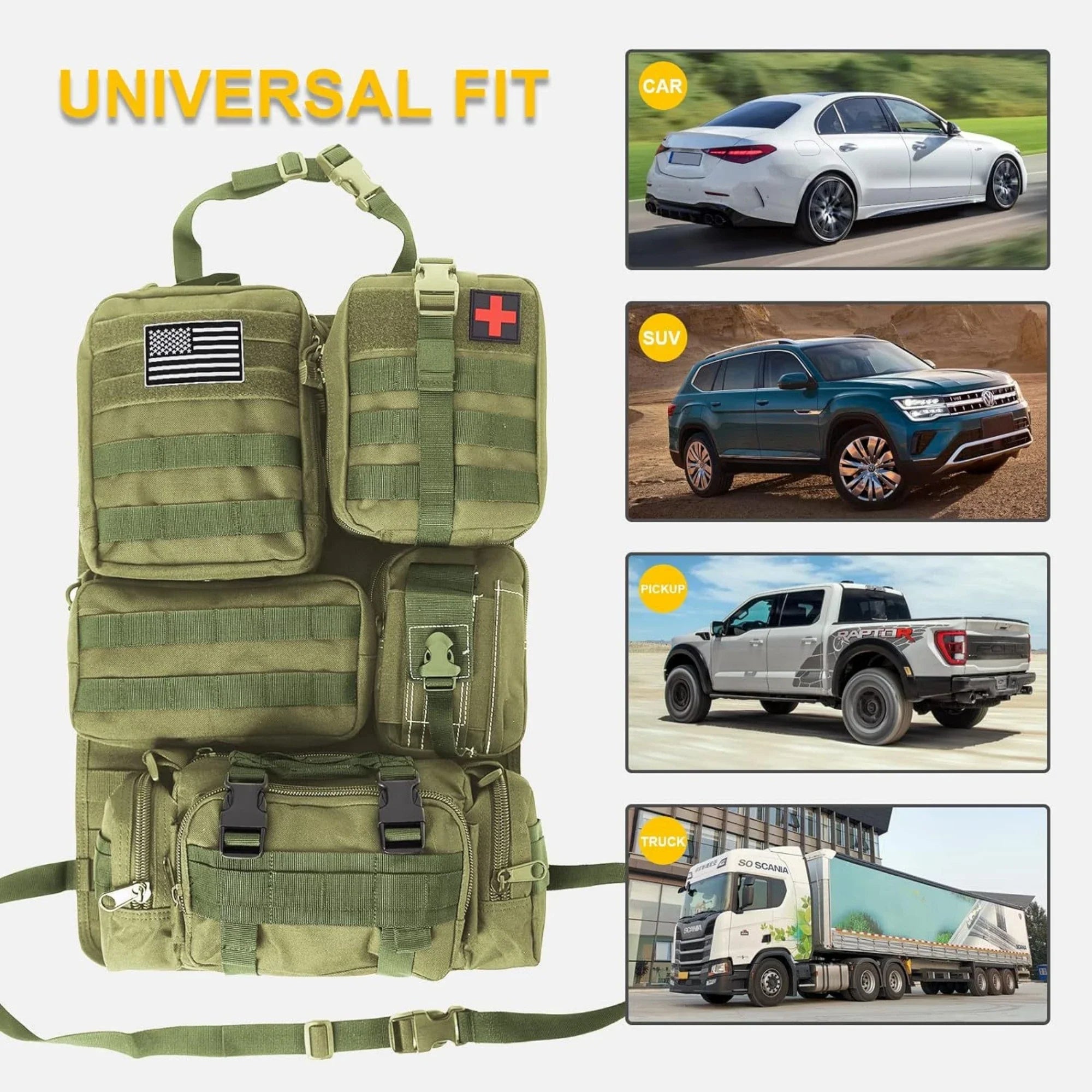 Tactical Back Seat Molle Organizer with 5 Detachable Molle Pouches