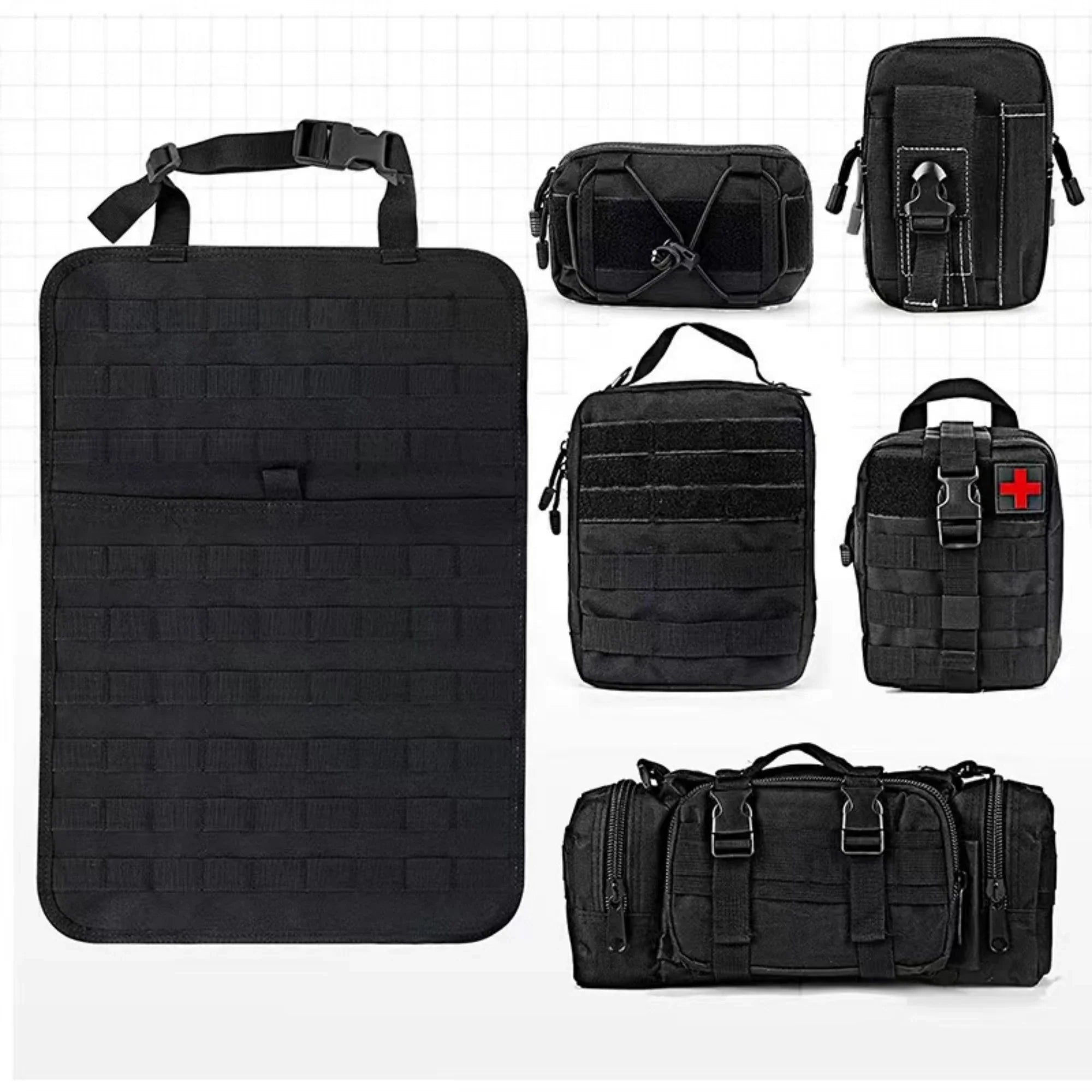 Tactical Back Seat Molle Organizer with 5 Detachable Molle Pouches
