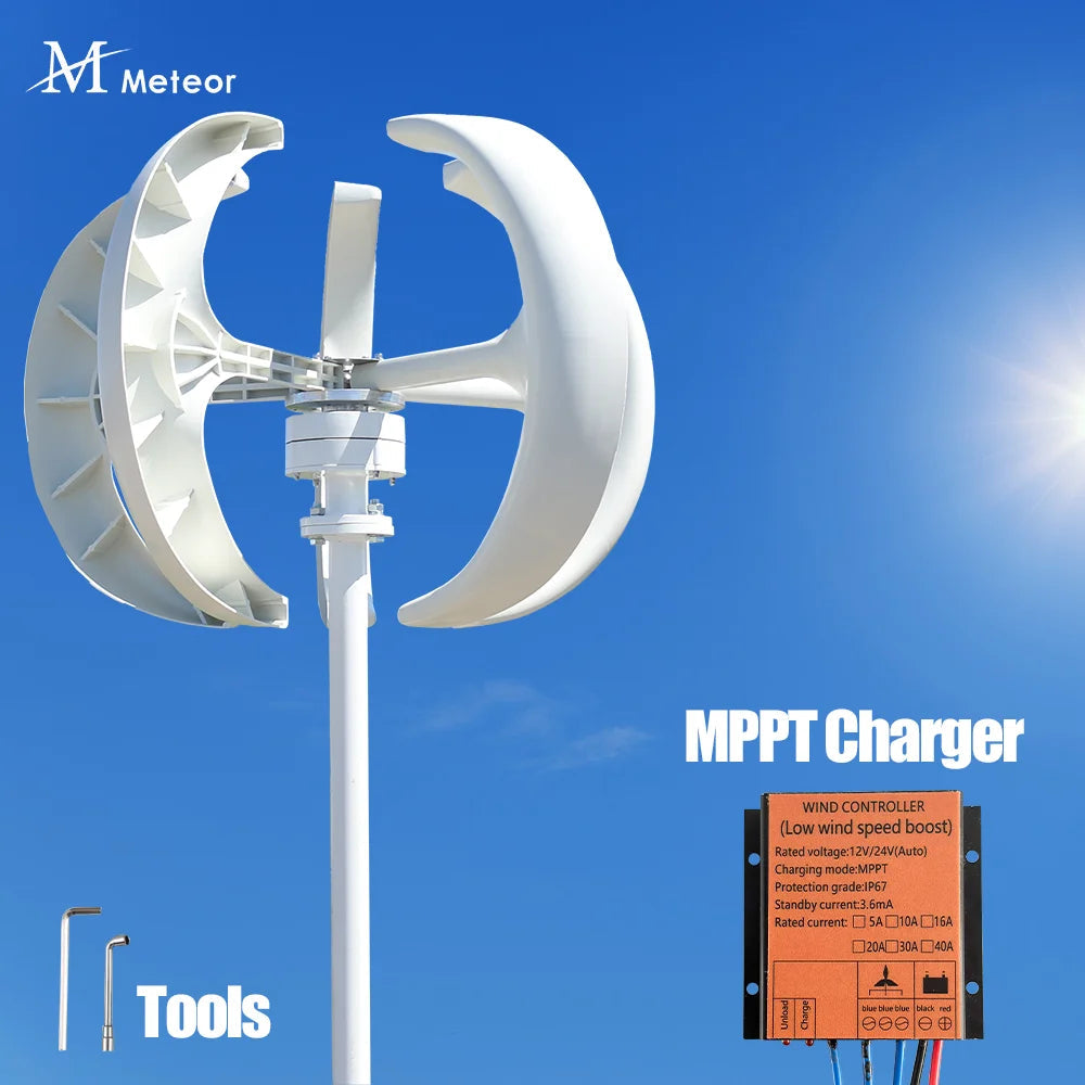 5000W Vertical Axis Wind Turbine Generator Low Noise Low Start Wind Speed 12V 24V 48V Windmill off Grid System with MPPT Charger