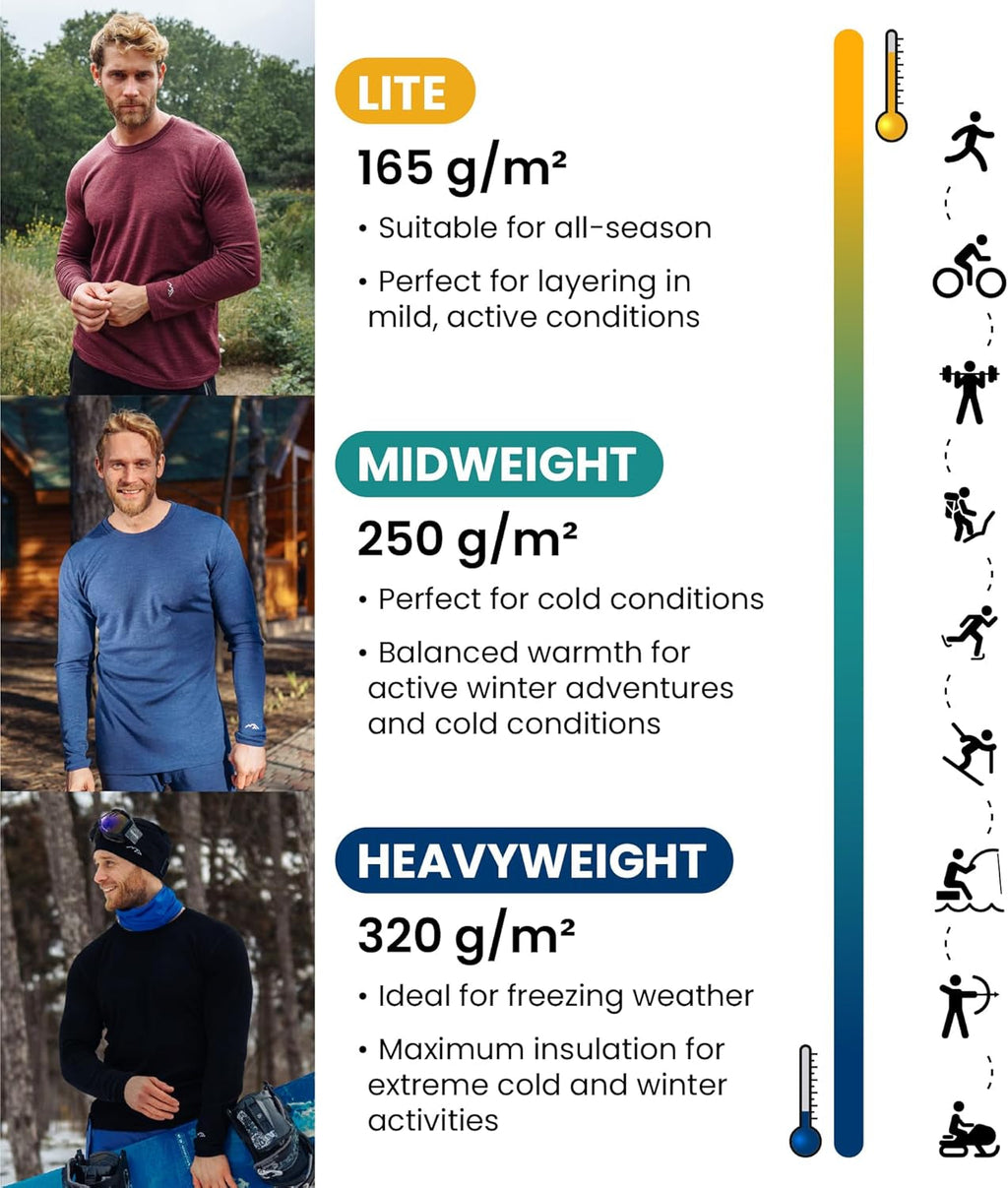 Merino.Tech Merino Wool Base Layer - Mens 100% Merino Wool Long Sleeve Thermal Shirts Heavyweight, Midweight, Lite with Socks
