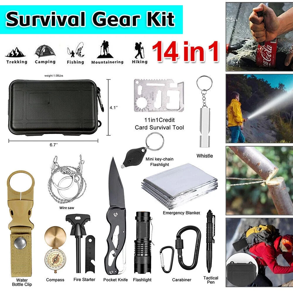 Outdoor Survival Gear Kit- 14-in-1 Emergency Gear for Hiking, Camping- Ideal Gifts for Men and Women