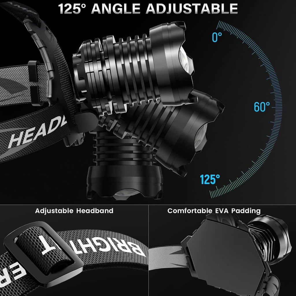AKNEAR Rechargeable LED Headlamp Super Bright, 99000 High Lumens Head Lamp Zoomable, 25Dys+ Runtime & 12 Mode & Lightweight Comfort & 125° Adjustable IPX-7 Waterproof Head Light for Outdoor,Hardhat