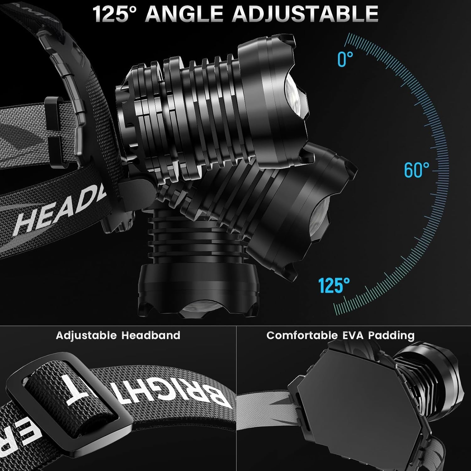 AKNEAR Rechargeable LED Headlamp Super Bright, 99000 High Lumens Head Lamp Zoomable, 25Dys+ Runtime & 12 Mode & Lightweight Comfort & 125° Adjustable IPX-7 Waterproof Head Light for Outdoor,Hardhat