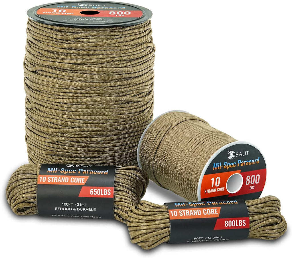 Mil-Spec 650 Paracord with 10-Strand Core Nylon Rope for Outdoor Emergency Survival
