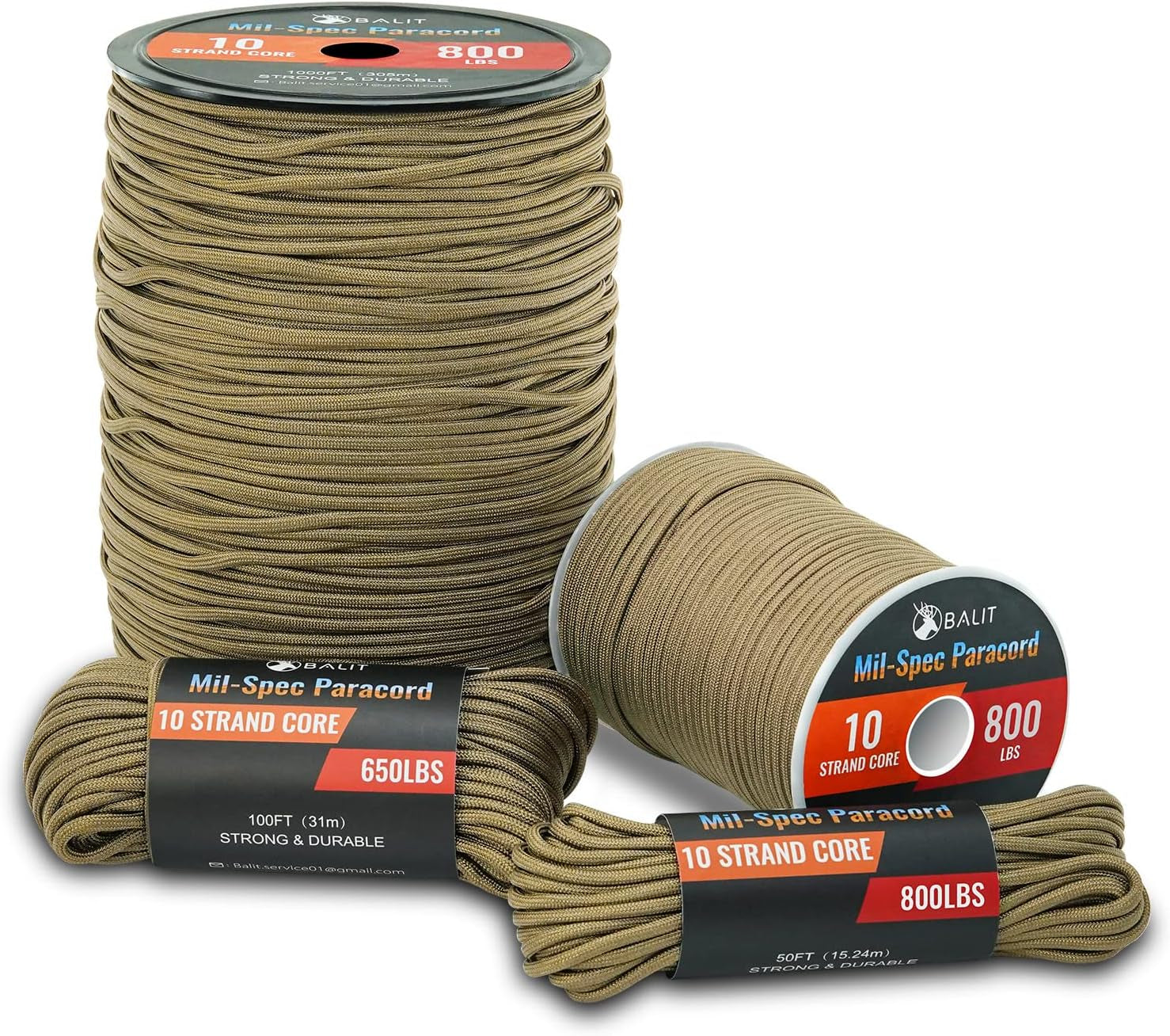 Mil-Spec 650 Paracord with 10-Strand Core Nylon Rope for Outdoor Emergency Survival