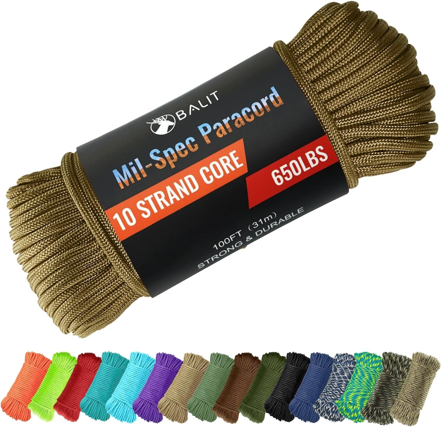 Mil-Spec 650 Paracord with 10-Strand Core Nylon Rope for Outdoor Emergency Survival