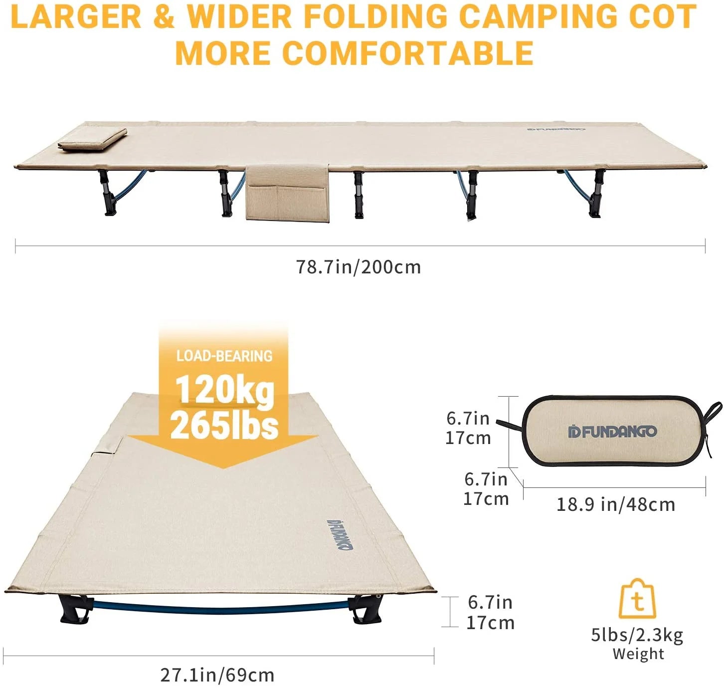 Folding Camping Cot Bed for Adults, Lightweight and Compact, Supports 265 lbs - Beige