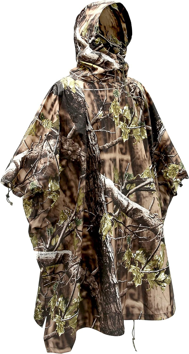 Hooded Waterproof Camouflage Rain Poncho with Blind Pattern for Outdoor Activities