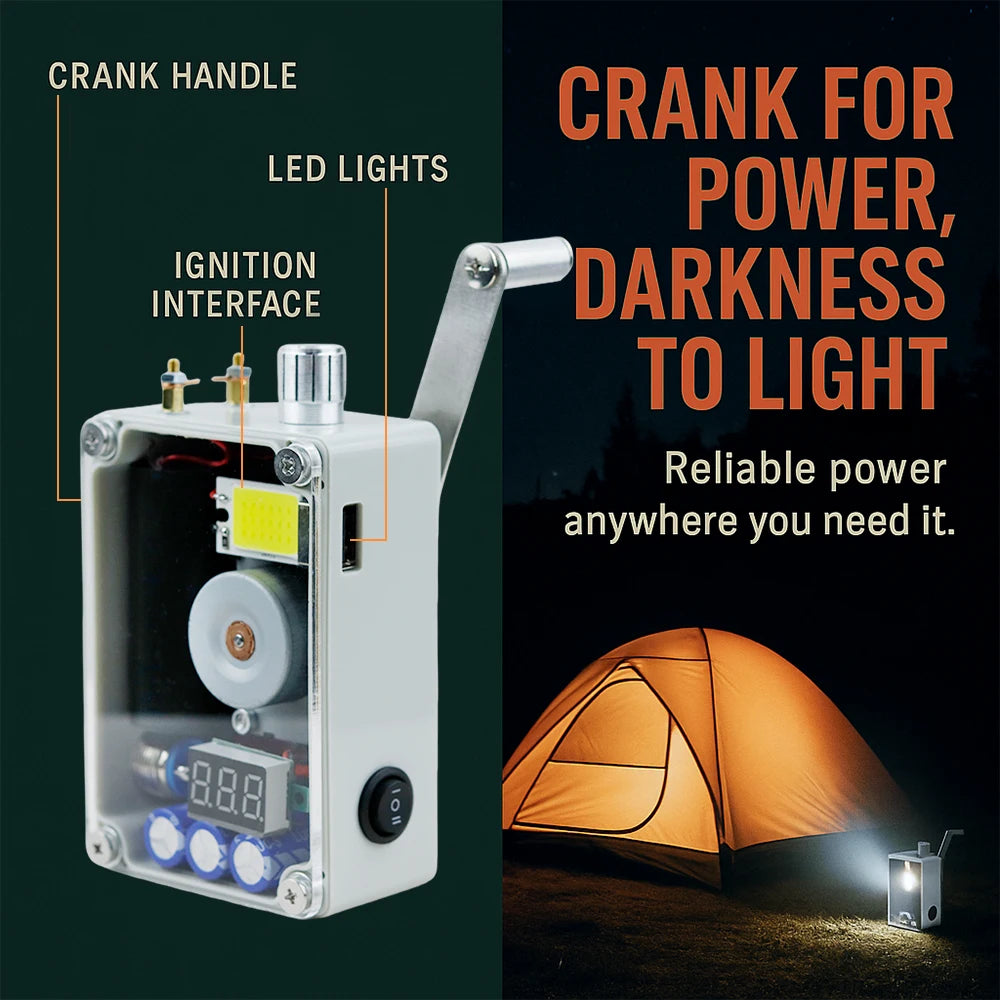 Hand Crank Generator, Portable Emergency USB Charger with COB Light and Lighter, Compact Survival Light Gear for Outdoor Camping