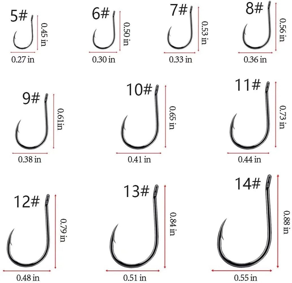 500Pcs High Carbon Steel Fishing Hooks Set with Sharp Jig Bait, Sizes #5 to #14