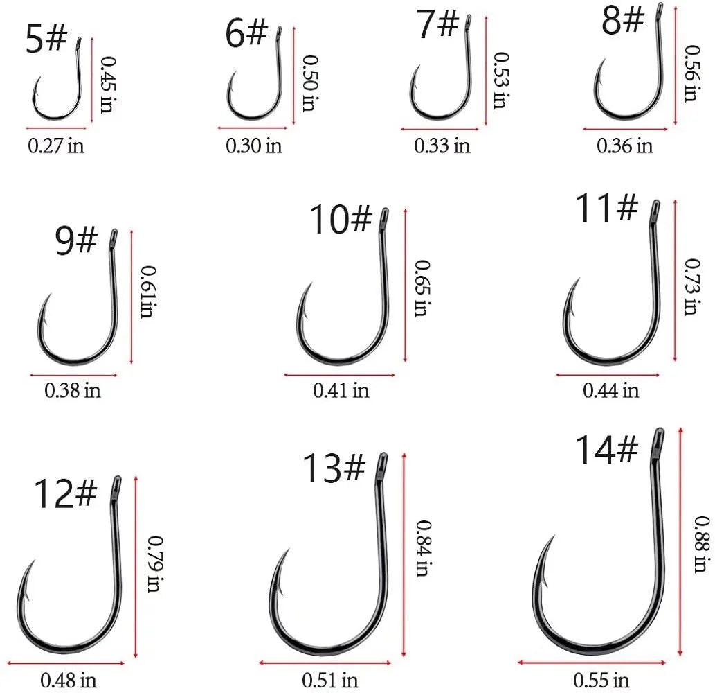 500Pcs High Carbon Steel Fishing Hooks Set with Sharp Jig Bait, Sizes #5 to #14