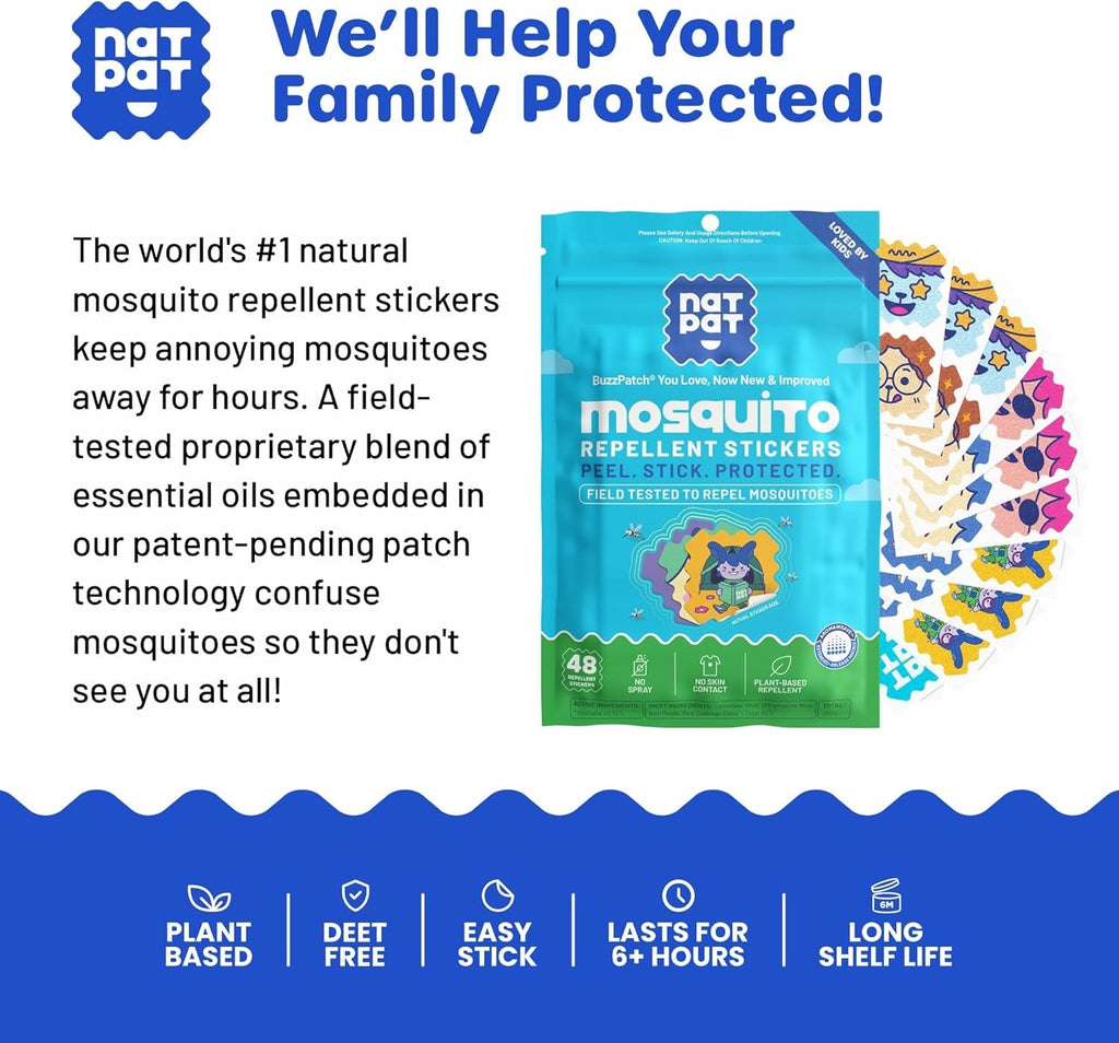 NATPAT Buzz Patch Mosquito Patch Stickers for Kids - Plant Based Ingredients, Non-Toxic - the Original All Natural Citronella Essential Oil Insect Patch, DEET Free, for Toddlers, Kids (48 Pack)