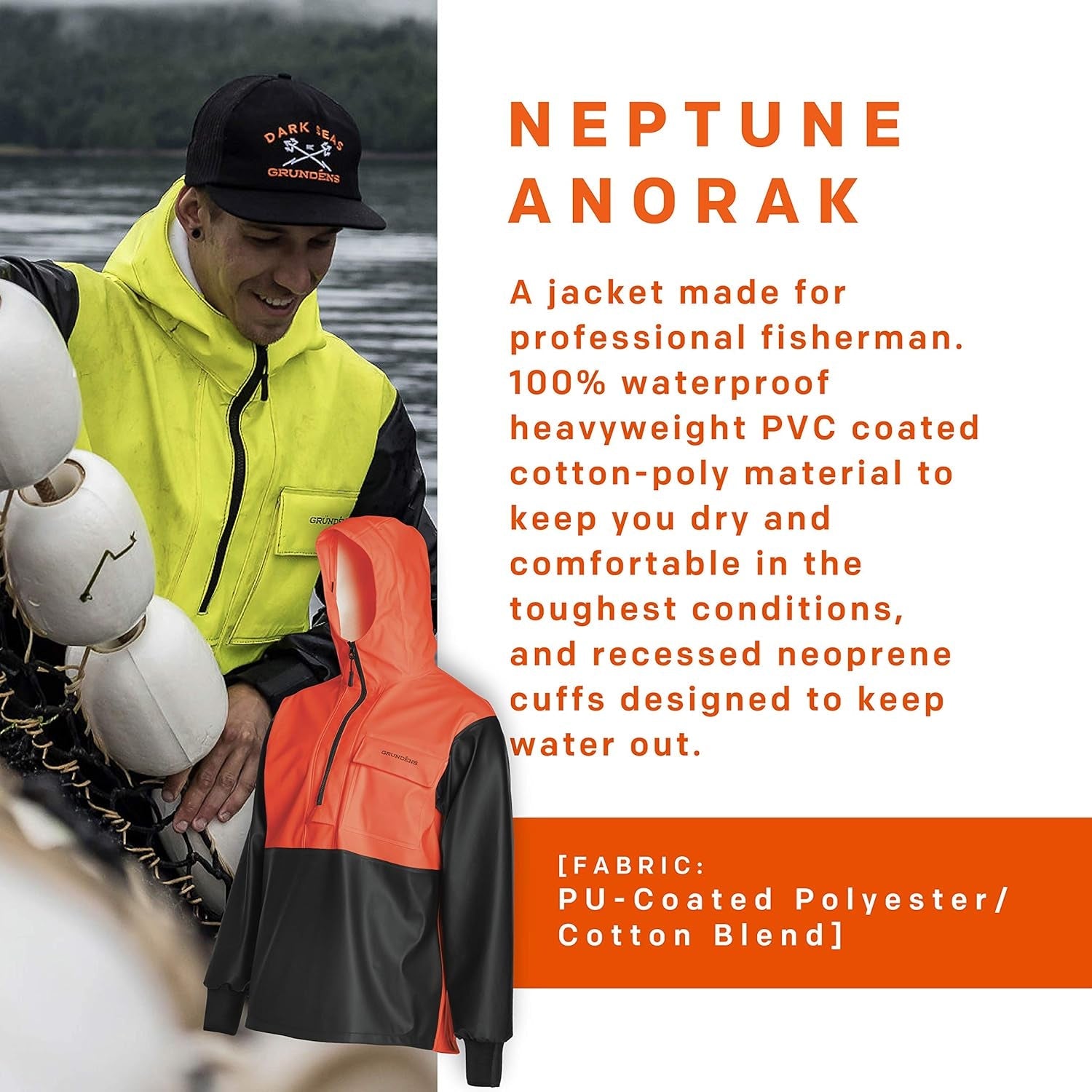 Grundens Men's Neptune Commercial Fishing Pullover Anorak - Waterproof and Adjustable