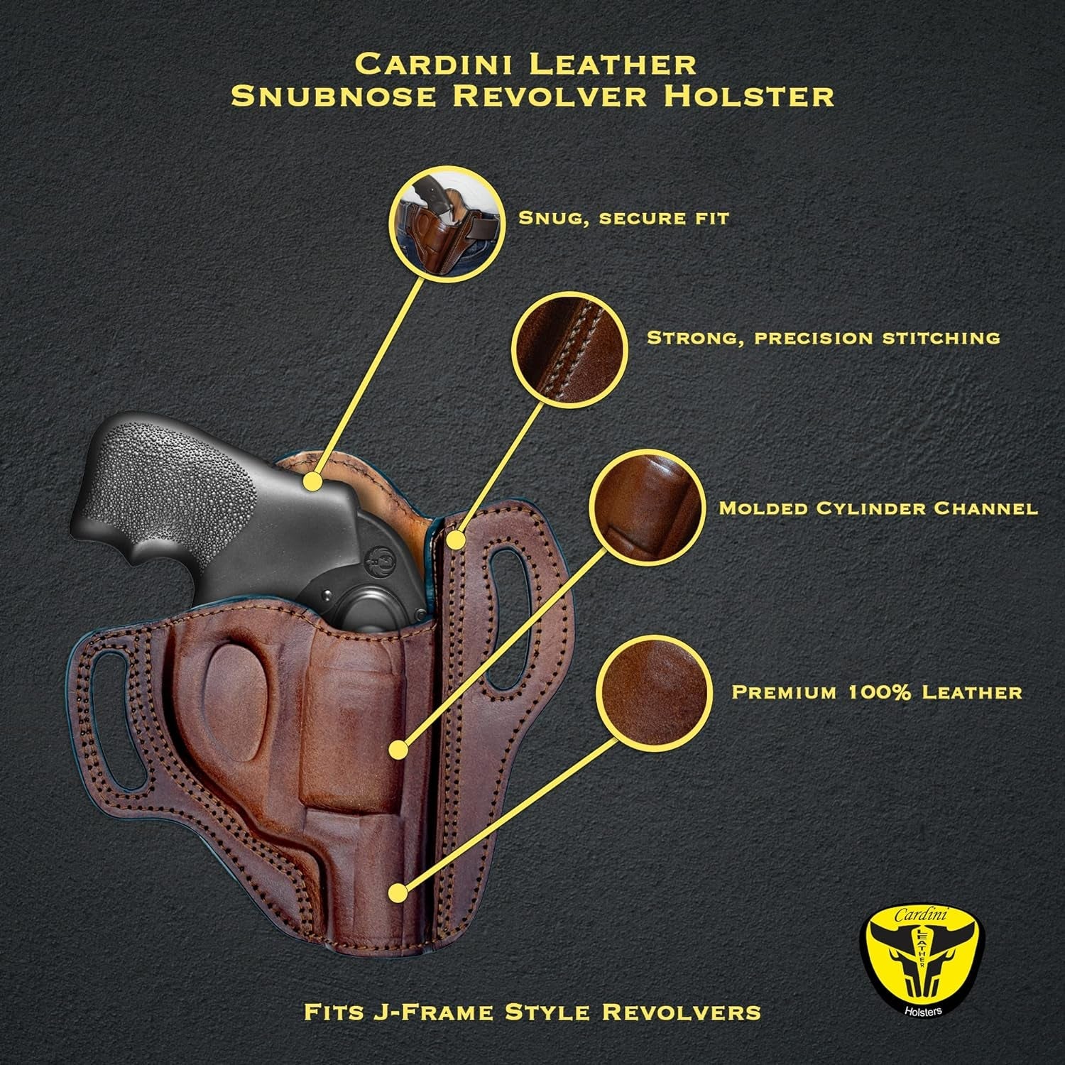 Leather OWB Holster for S&W J Frame, Ruger LCR, SP101, and Other 38 Special Snub Nose Revolvers with 2.25 Barrel