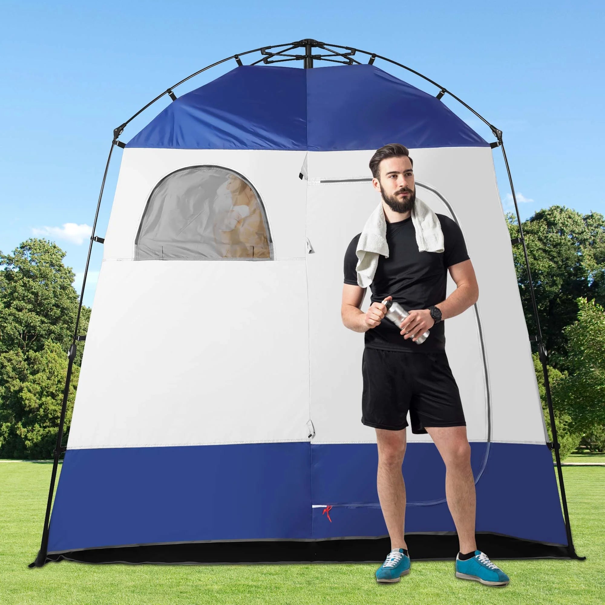 Outdoor Camping Shower Tent with Oversized Space and Privacy, Portable Changing Room with Floor, Easy Setup Privacy Shelter for Camping - 2 Rooms Toilet Tent