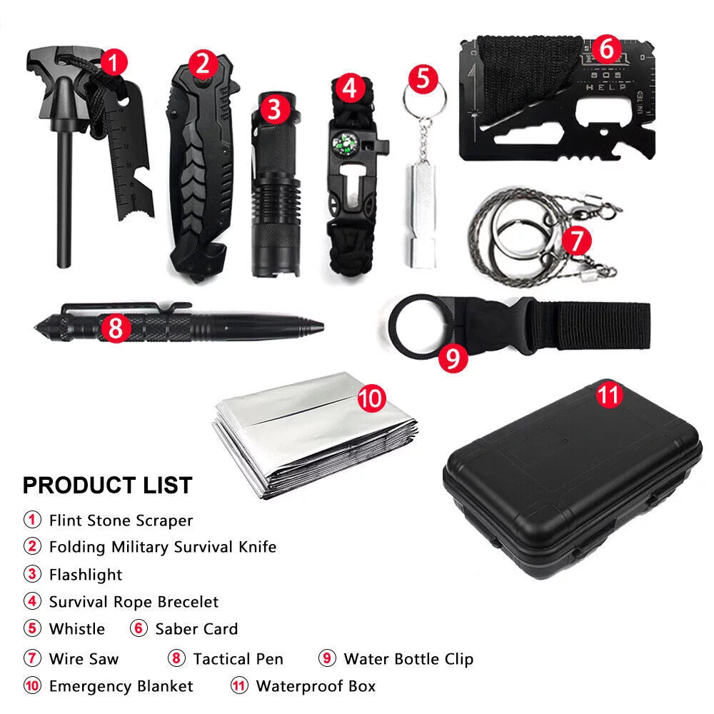 Outdoor Survival Kit - 12-in-1 Multifunction Emergency Equipment SOS and First Aid Gear Pack