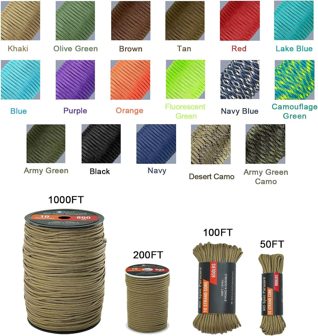 Mil-Spec 650 Paracord with 10-Strand Core Nylon Rope for Outdoor Emergency Survival