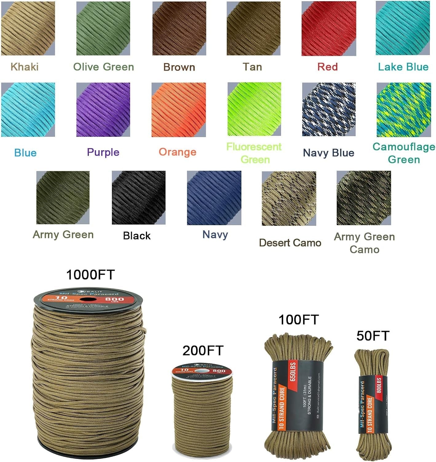 Mil-Spec 650 Paracord with 10-Strand Core Nylon Rope for Outdoor Emergency Survival