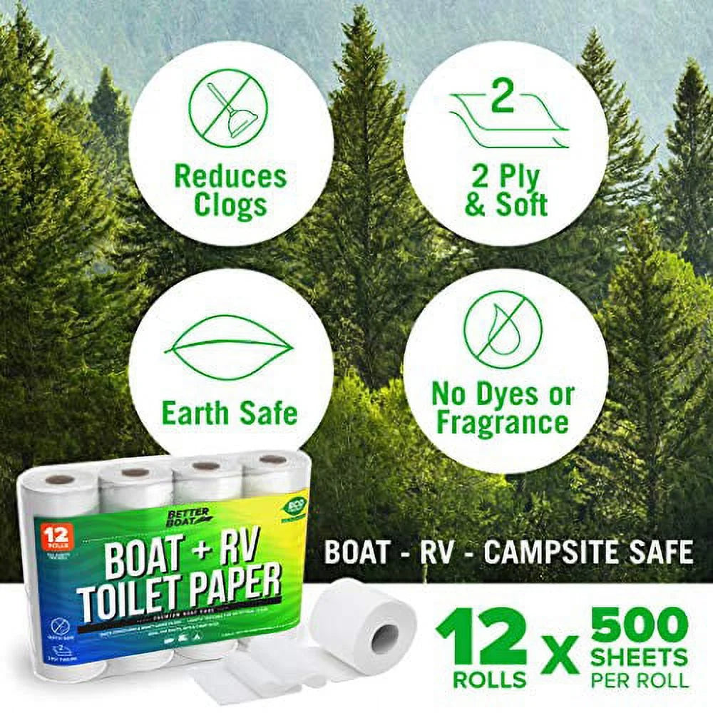 Marine and RV Toilet Paper: Septic-Safe, Quick-Dissolving, Biodegradable | Bulk 12 Pack